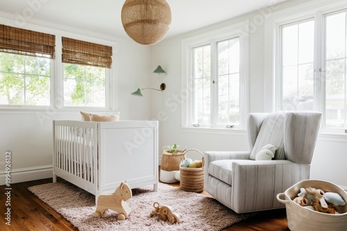 Wooden Toys and a Crib in a Bright Nursery Room Near a Window