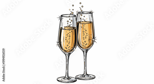 Two elegant champagne flutes filled with bubbly, golden liquid and sparkling accents