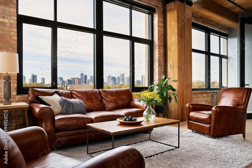 Modern Living Room With Leather Furniture and City Skyline View on a Clear Da...