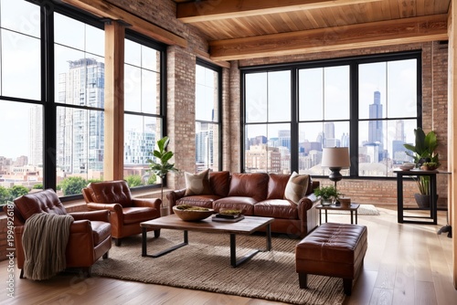Modern Living Room With Large Windows Overlooking City Skyline and Natural Li...
