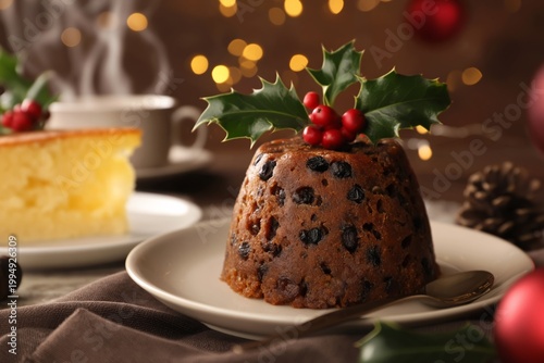 Traditional Dessert Served on a Plate With Holiday Decorations in a Festive S...