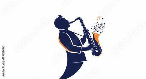 Stylized silhouette of a person playing a saxophone with musical notes emanating from the bell