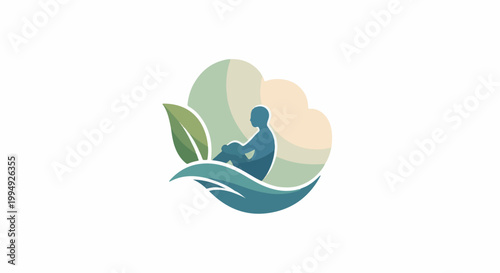 Stylized silhouette of person in blue, seated with knees to chest, next to green leaf, set against soft pastel background