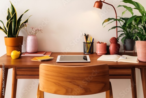 Modern Desk Setup With Plants and Stationery in a Bright Workspace Area
