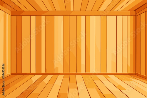Wooden room interior perspective background illustration. Warm orange abstract box space with linear texture. Symmetrical wooden planks form a room like interior in perspective.