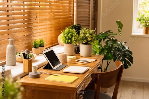Modern Desk Setup With Plants and Stationery in a Bright Workspace Area