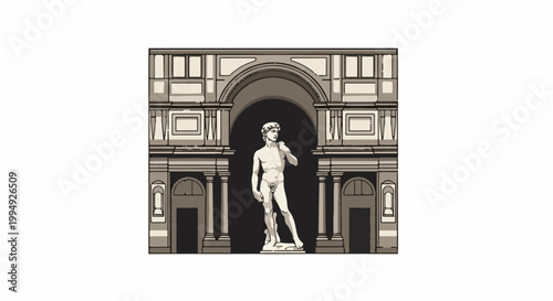 Stylized statue of a male figure before a grand archway