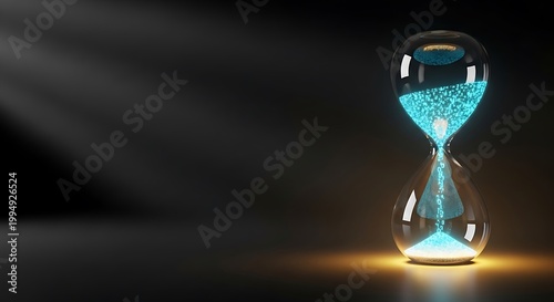 Hourglass with glowing blue sand flowing down representing time passing and urgency.