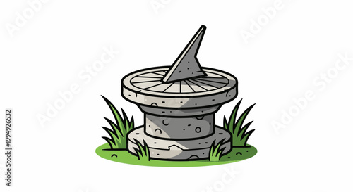 Stylized stone sundial with gnomon sits in green grass, casting shadows