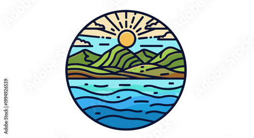 Stylized sun over green rolling hills reflected in blue wavy water inside oval