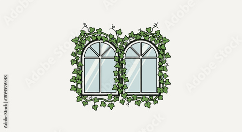 Two arched windows entwined with lush green ivy