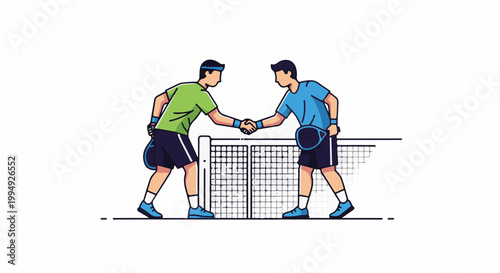 Two athletes shake hands over a net after a match
