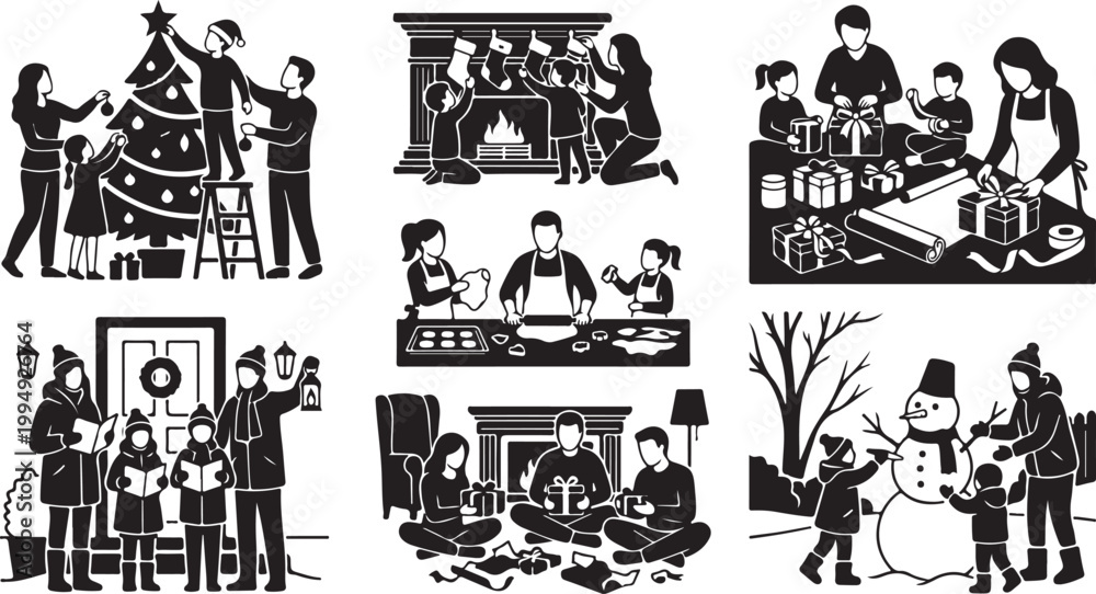 Fototapeta premium Family Christmas and Winter Holiday Activities Silhouette: Decorating Tree, Baking Cookies, Caroling, Building Snowman, and Opening Gifts