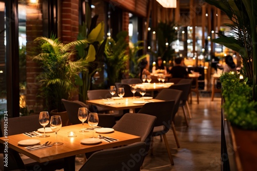 Couples Enjoy Dinner at Restaurant With Warm Lights and Plants in a Modern Se...
