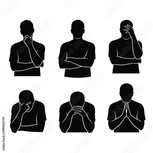 Set of black silhouettes of pensive people in various poses on transparent background.