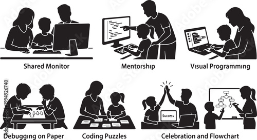Family Coding and Computer Education Silhouette Vector: Parents and Kids Learning Programming, Gaming, and Remote Working Together