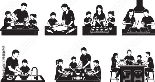Family Cooking and Kitchen Activities Silhouette Vector Set: Parents and Kids Preparing Food, Baking, Washing Dishes, and Dining Together