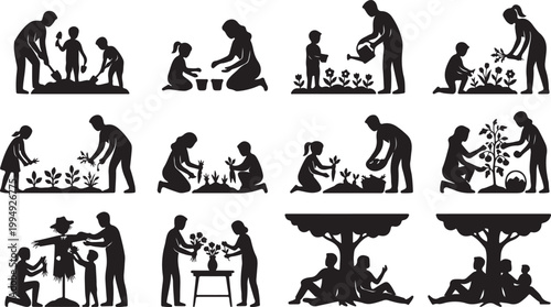 Family Gardening and Planting Activities Silhouette Vector: Parents and Kids Digging, Watering Plants, Growing Vegetables, and Yard Work
