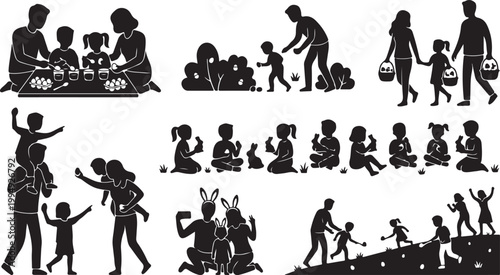 Family Easter Celebration and Spring Activities Silhouette Vector: Kids Egg Hunt, Painting Eggs, Bunny Ears, and Garden Holiday Fun
