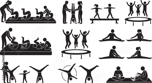  Family Gymnastics and Fitness Workout Silhouette Vector: Parents and Children Doing Yoga, Stretching, Handstands, and Active Exercises