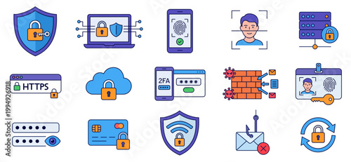 Cybersecurity flat icons and elements set. Data protection vector illustrations collection