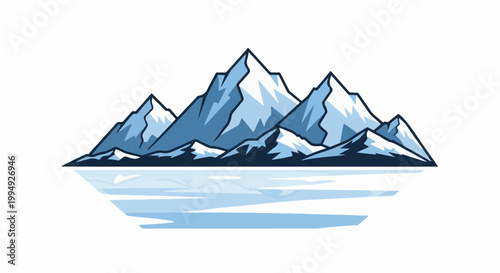 Stylized mountain peaks reflect in still, icy water under a white background