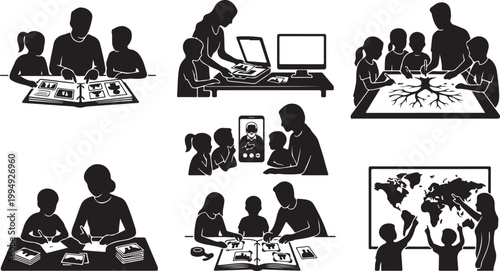 Family Birdwatching and Wildlife Nature Silhouette Vector Set: Parents and Kids Using Binoculars, Photography, Hiking, and Outdoor Exploration Activities