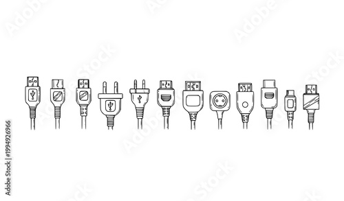 Hand drawn electrical connectors and adapters sketch icons with USB plug socket and cable types vector