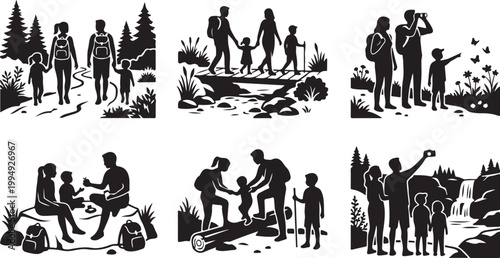  Family Hiking and Nature Trail Silhouette Vector Set: Parents and Kids Walking in Mountains, Backpacking, and Forest Exploration