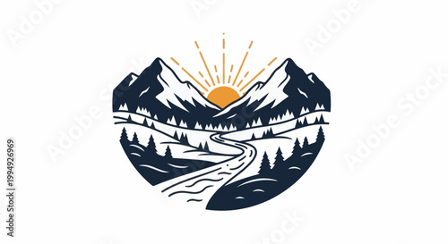 Stylized mountain landscape with sun rising between peaks, a river, and trees