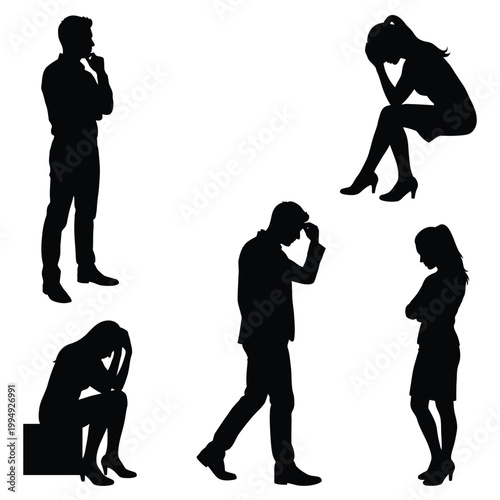 Set of black silhouettes of stressed people in various poses on transparent background.
