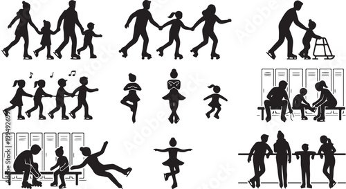Black Silhouette People Activities Set – Family, Kids Playing, Couple, City Life Vector Illustration