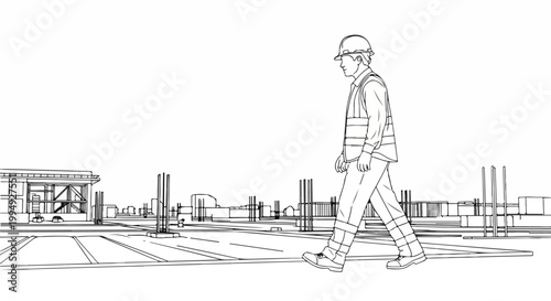 Construction worker in hard hat and safety vest walking on a building site with blueprint-style background