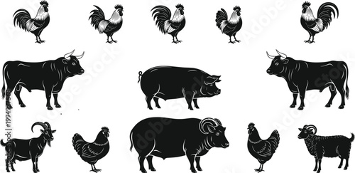 Farm animal silhouette collection including rooster cow pig goat sheep isolated on white background vector illustration rustic livestock set
