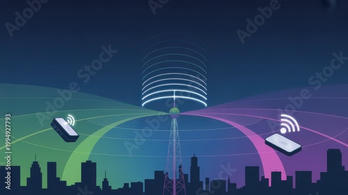 5G wireless communication tower with mobile devices in city