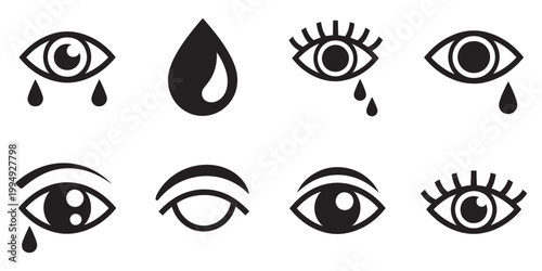 Crying eye vector set, stylized eye illustrations with tears for emotional artistic expressive design concepts vector illustration