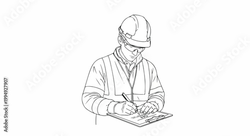 Line drawing of a construction worker in hard hat and safety vest writing on a clipboard, industrial safety and inspection concept
