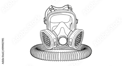 Full face respirator mask with hose and filters, black and white line art illustration, protective equipment for hazardous environments