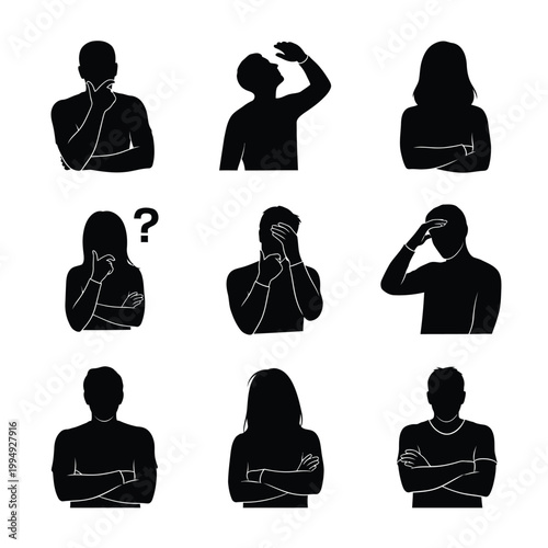 Collection of diverse human silhouettes expressing thoughtful and confused mental states.