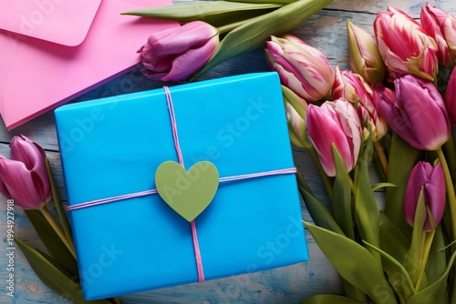 Gift Box and Pink Envelope Placed on Blue Backdrop With Pink Tulips Surroundi...