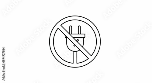Black and white line art icon of an electrical plug crossed out in a red circle, symbolizing power outage, disconnection, or energy saving.