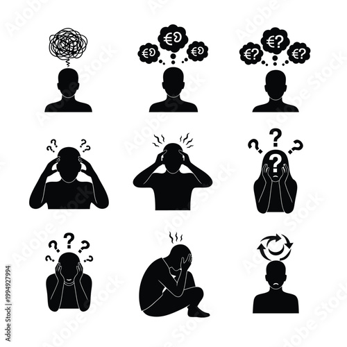 Silhouettes showing mental struggle with confusion, money worries and anxiety.