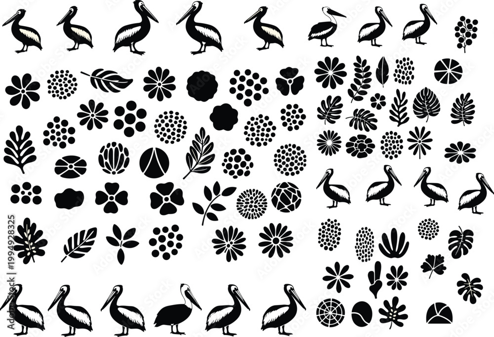 Fototapeta premium Collection of decorative silhouettes featuring pelicans and floral motifs, botanical elements, stylized nature icons, creative design artwork for illustration projects