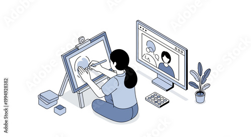 Isometric Illustration of Female Artist Taking an Online Drawing Class via Computer Video Call and Digital Tablet