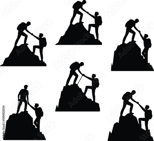 Collection of climber silhouettes helping each other on mountain peak, teamwork and support concept isolated on white background