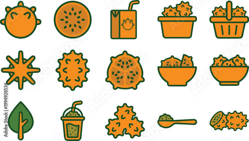 Kiwano Horned Melon Icon Set with Outline Style Symbols of Whole Fruit, Slice, Juice Box, Basket, Bowl, Smoothie, and Leaf Elements