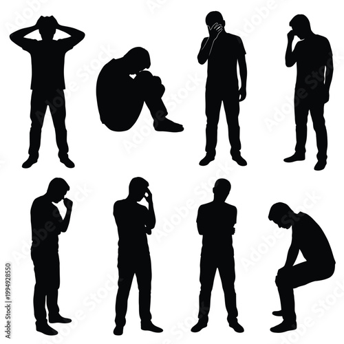 Depressed and stressed male silhouettes showing various poses of sadness and grief.