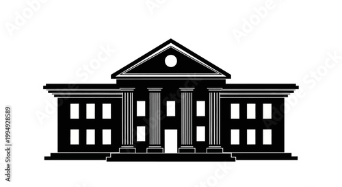 Classic building facade with columns depicted in a stark silhouette