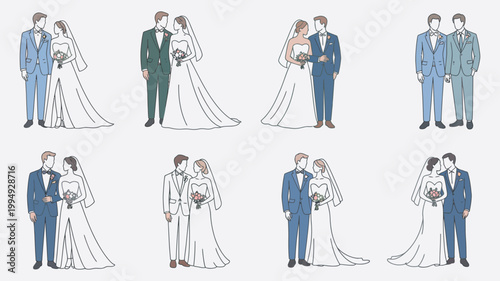 Wedding couple illustration set, nine diverse poses outfits affectionate moments on white background romantic celebration vector design