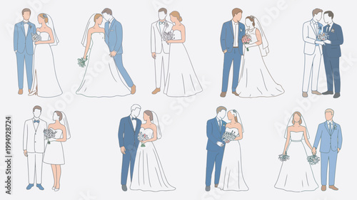 Wedding couple illustration set, nine diverse poses outfits affectionate moments on white background romantic celebration vector design